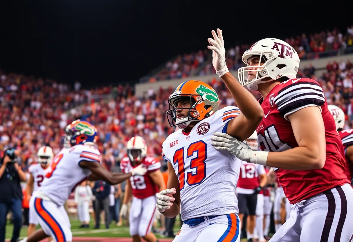 Florida Gators playing against Texas A&M Aggies in college football.