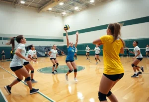 High school girls volleyball match in action