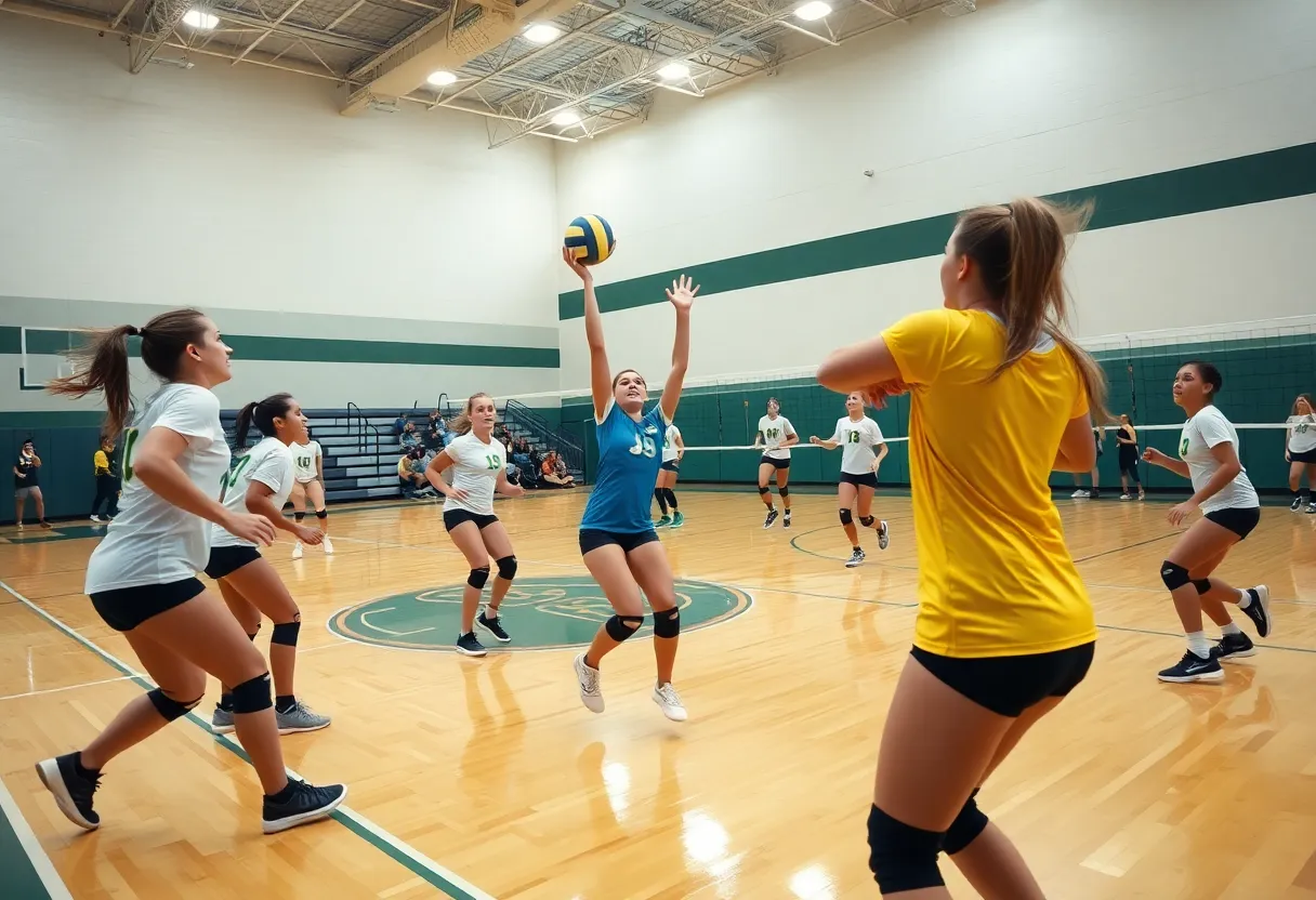High school girls volleyball match in action