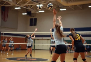 High school volleyball match in action