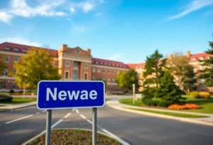 Road sign on a Florida university campus representing a new name after legislative proposal.