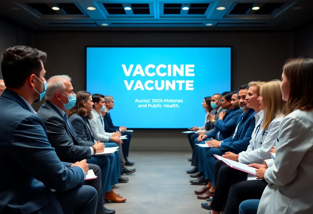 Healthcare professionals discussing vaccine mandates at a conference