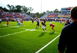 High school football players in action during a game in Northeast Florida