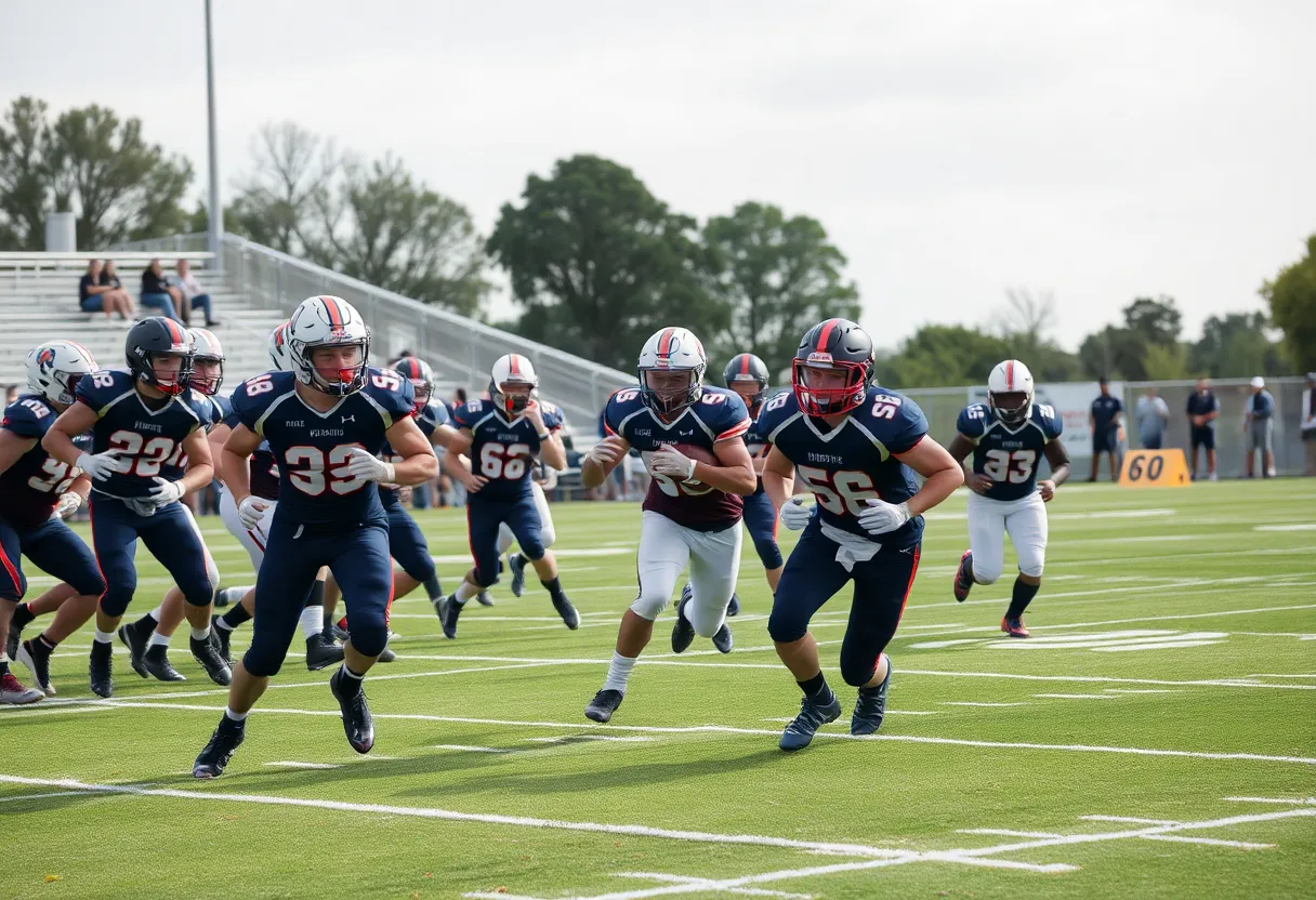 Players from a high school football game displaying intense action during overtime.