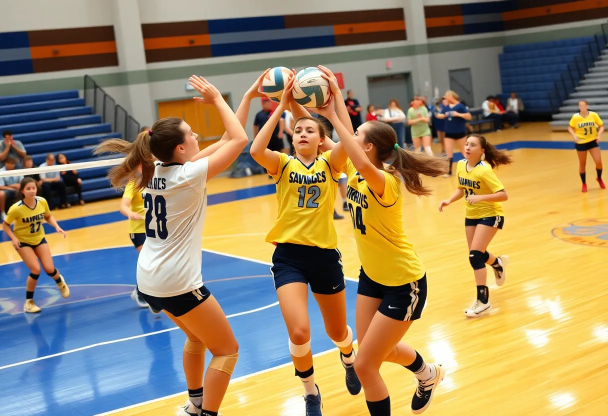 High school volleyball players competing in a match