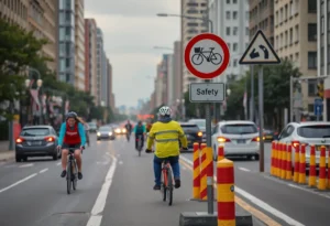 Urban road scene emphasizing bicycle safety.