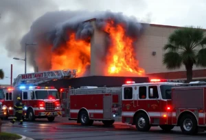 Emergency responders addressing a fire at the Florida Blue building in Jacksonville.