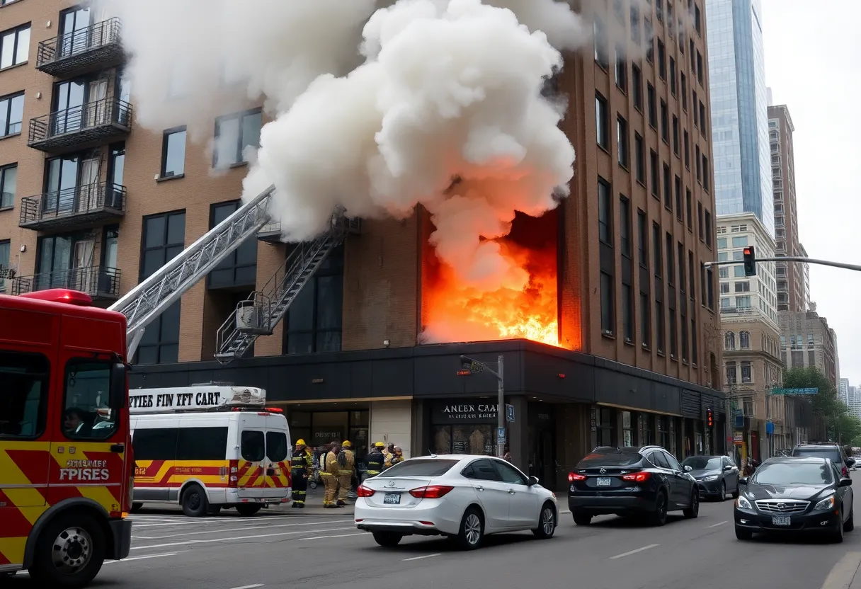 Emergency responders attending to a fire in the elevator shaft of a commercial building in Jacksonville.