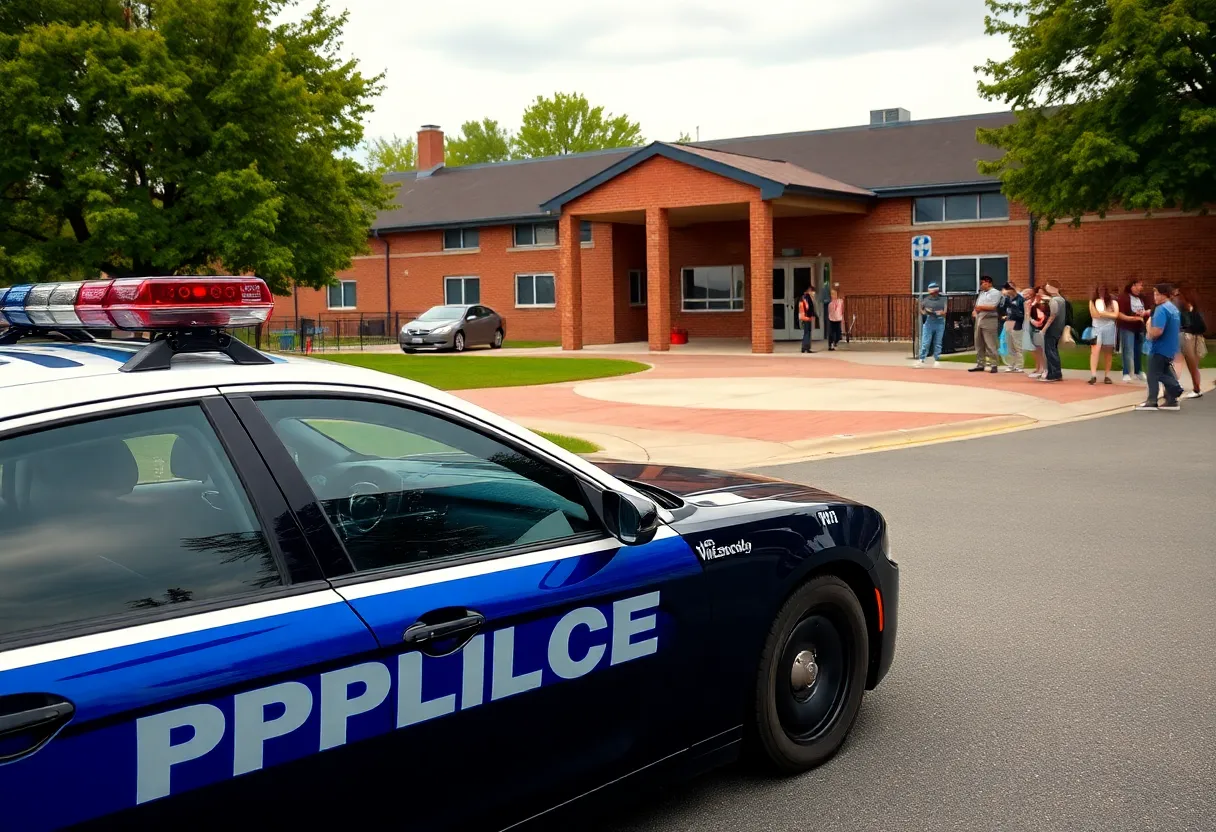 Police car parked near a school with concerned citizens nearby