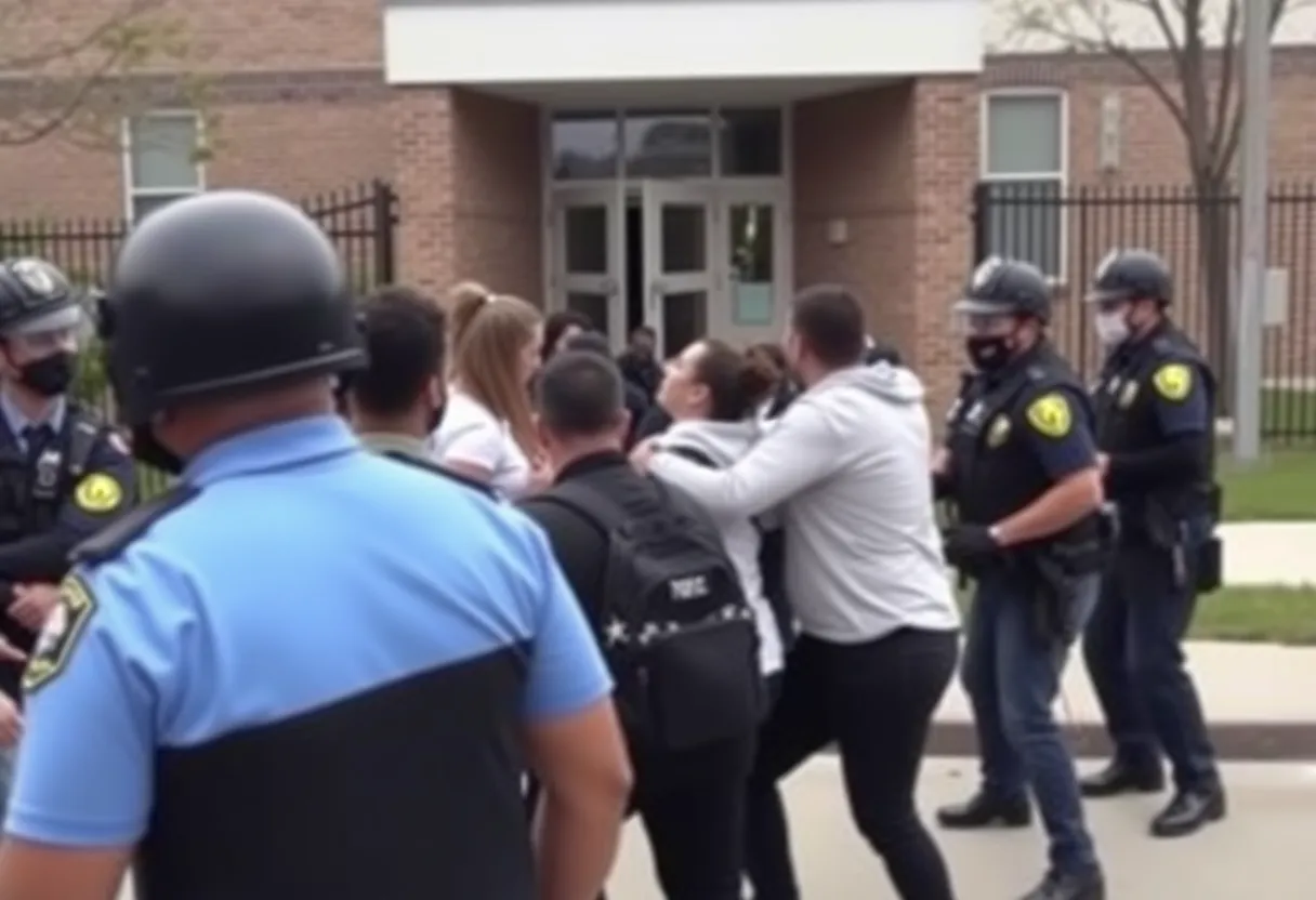 Police officers outside a school during an arrest incident