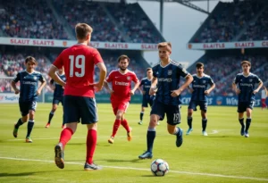 Jacksonville University Women's Soccer team playing during a match