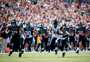 Jacksonville Jaguars players in action during a football game