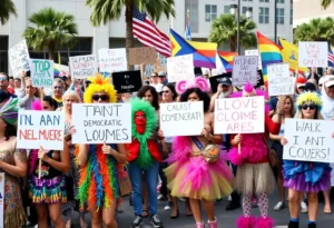 Crowd at Jacksonville protest with colorful costumes