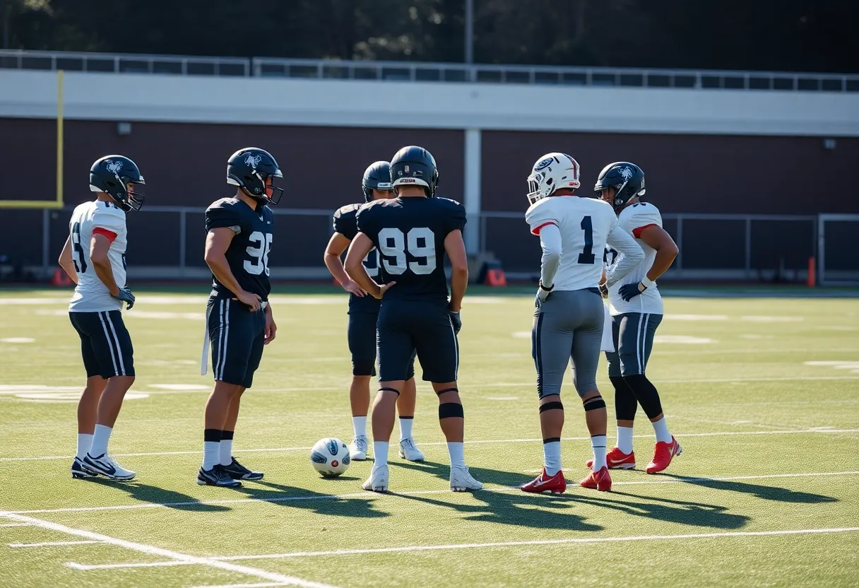 Football players engaged in a defensive strategy session on the field