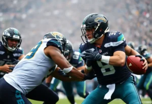 Jacksonville Jaguars player under pressure by Seattle Seahawks defenders during a game