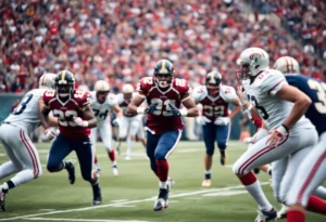 Football game scene with players in action