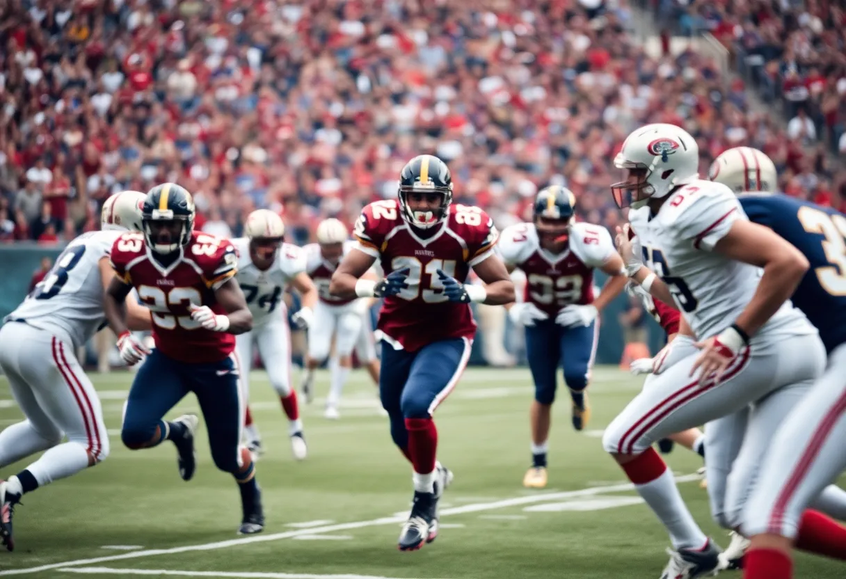 Football game scene with players in action