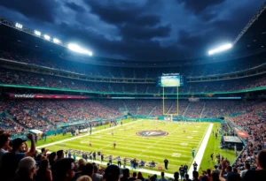 Football players in action during a night game at EverBank Stadium