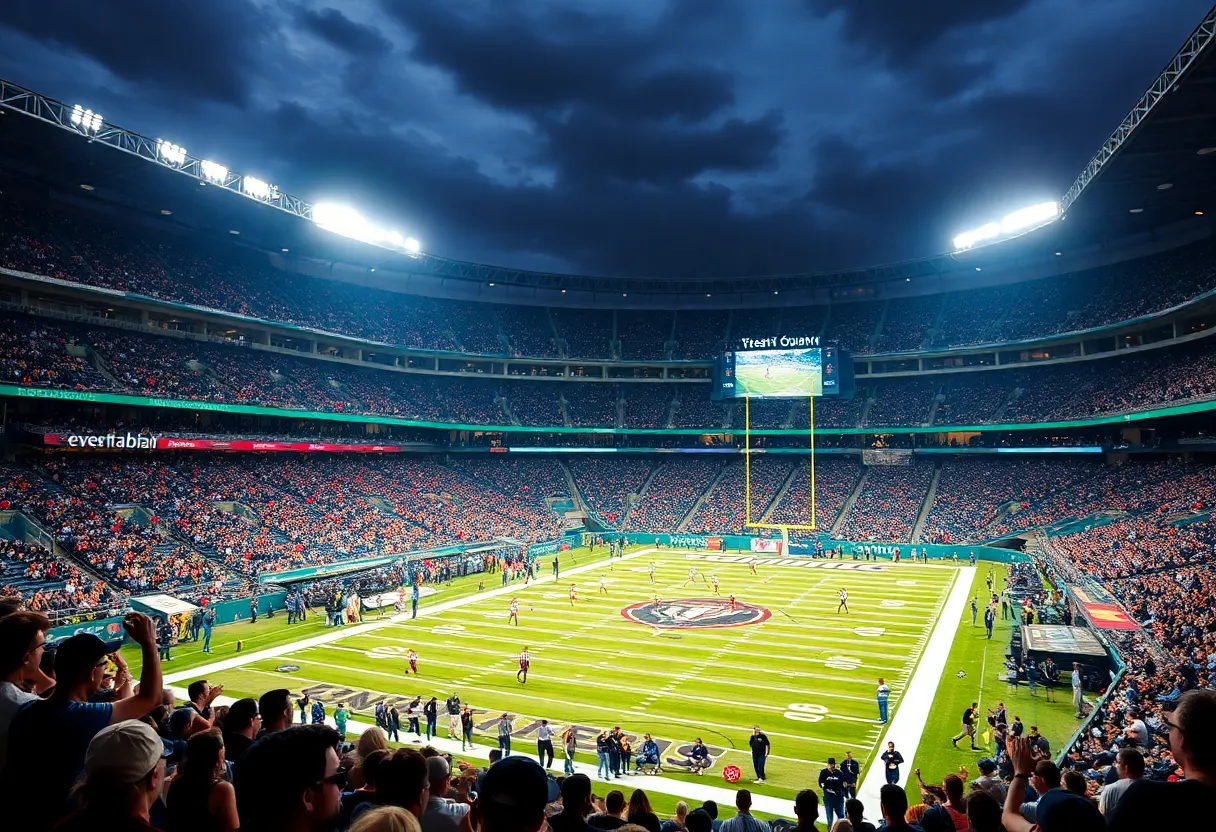 Football players in action during a night game at EverBank Stadium