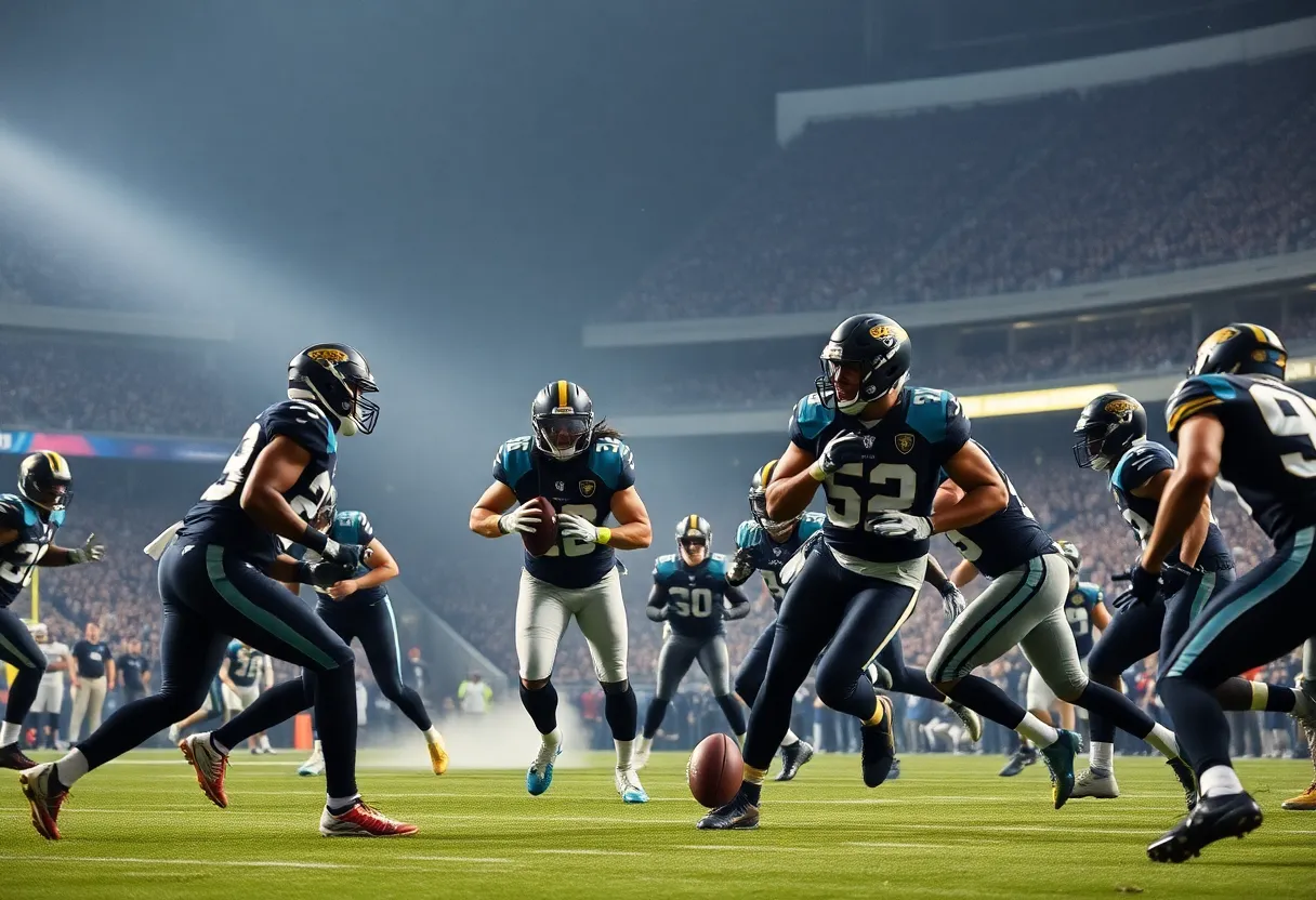 Jacksonville Jaguars players on the field during the game against the Rams at Wembley Stadium.