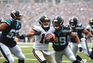 Football players from the Jaguars and Seahawks in action during a game