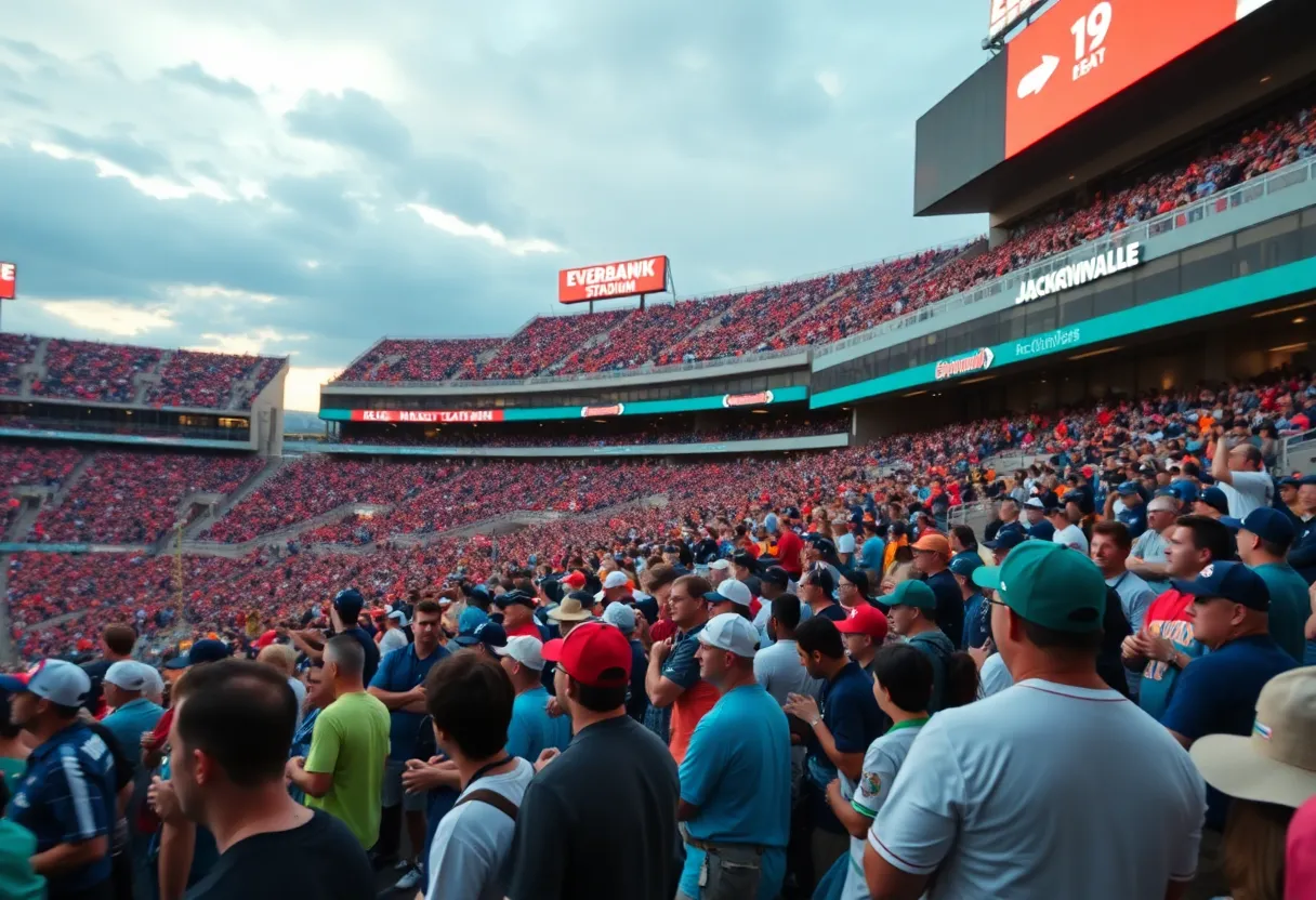 Jacksonville fans ready for a football game at EverBank Stadium with rain gear.
