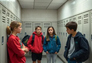 Locker room at Landmark Middle School with students discussing safety concerns