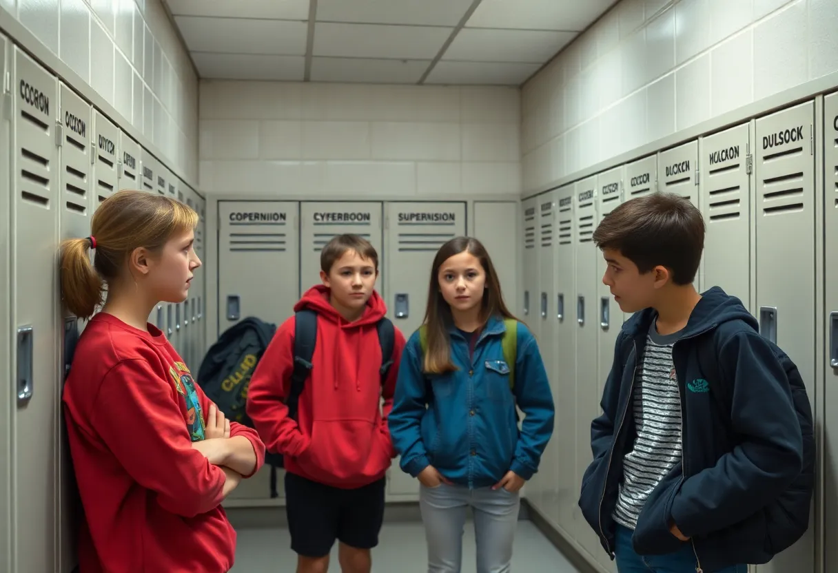 Locker room at Landmark Middle School with students discussing safety concerns