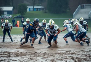 High school football game during the Mandarin Mud Bowl showing players in action