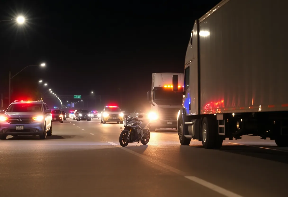 Scene of a motorcycle crash involving a semi-truck