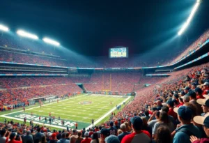 Excited fans at an NFL game in a colorful stadium