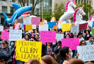 Participants gathering for the No Kings protest in South Florida, demonstrating with signs and inflatable elements.