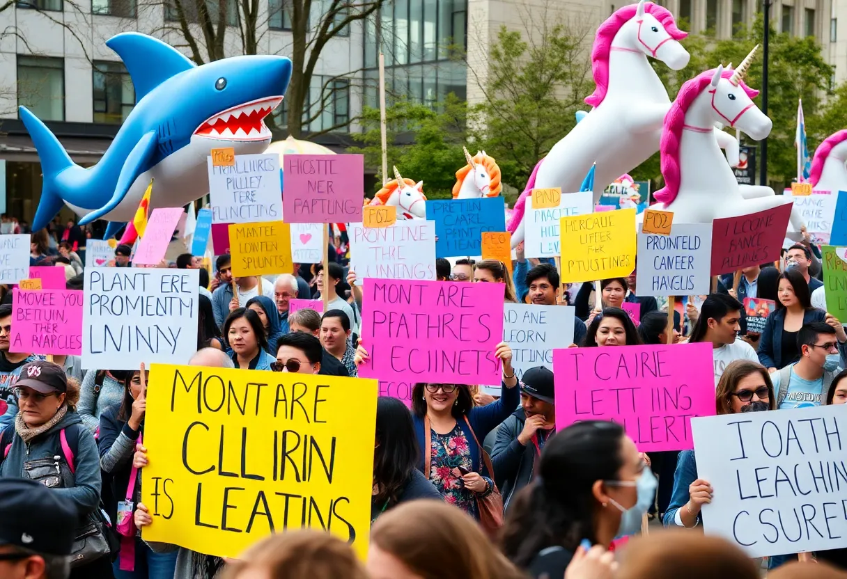 Participants gathering for the No Kings protest in South Florida, demonstrating with signs and inflatable elements.