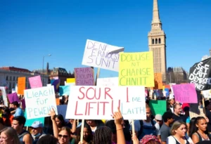 Diverse group of protesters at No Kings march, holding signs