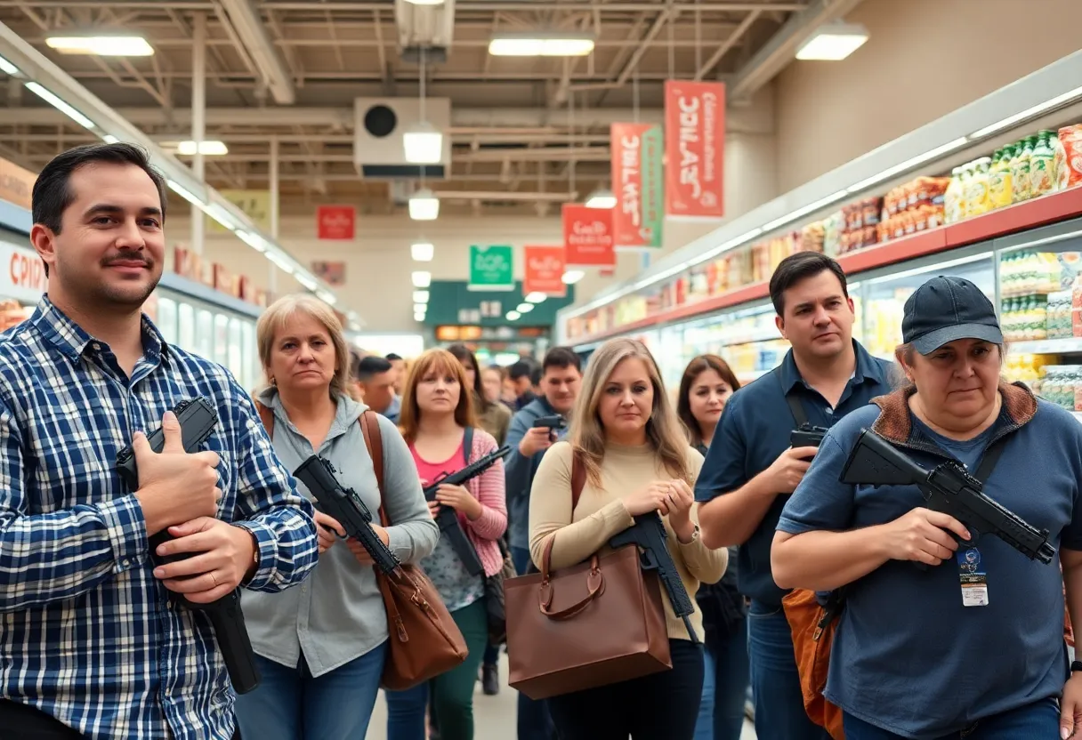 Shoppers in a grocery store with visible firearms