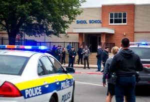 Police car parked outside a school during a tense situation.