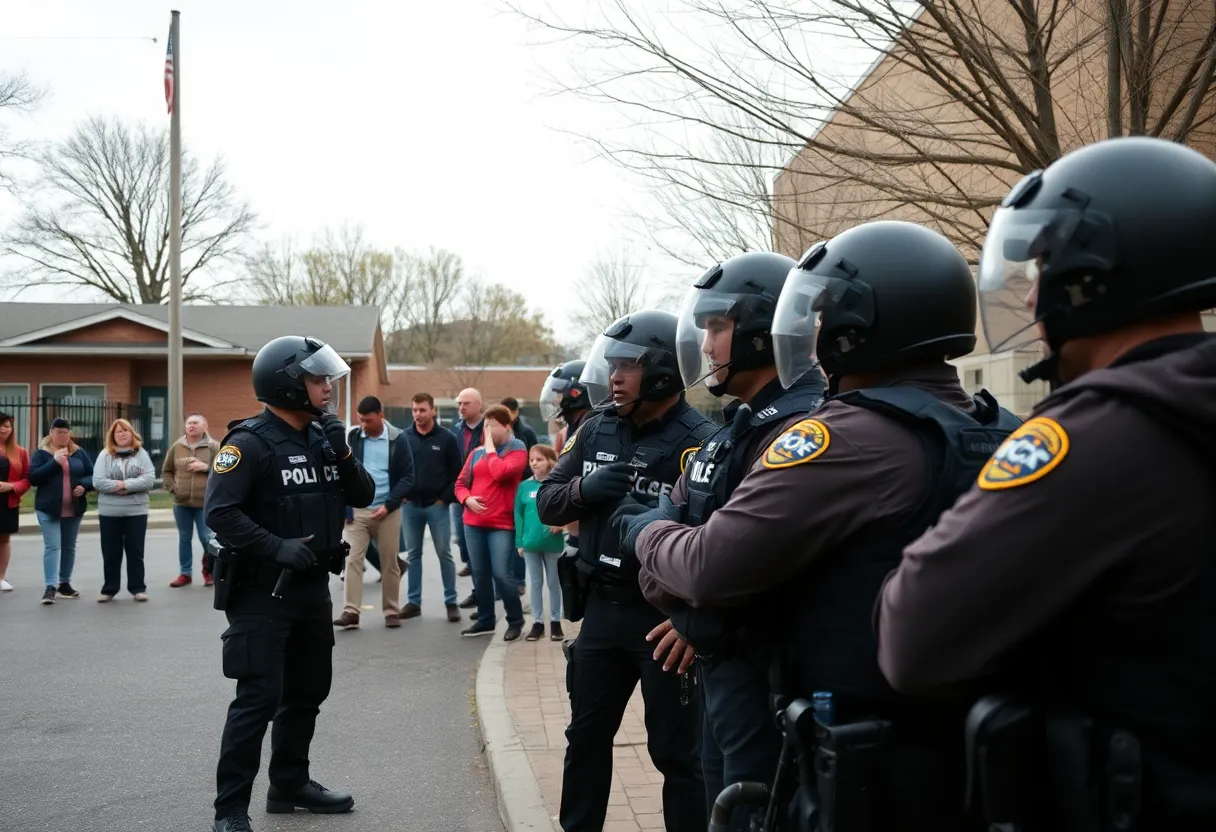 Police officers in front of a charter school during a confrontation.