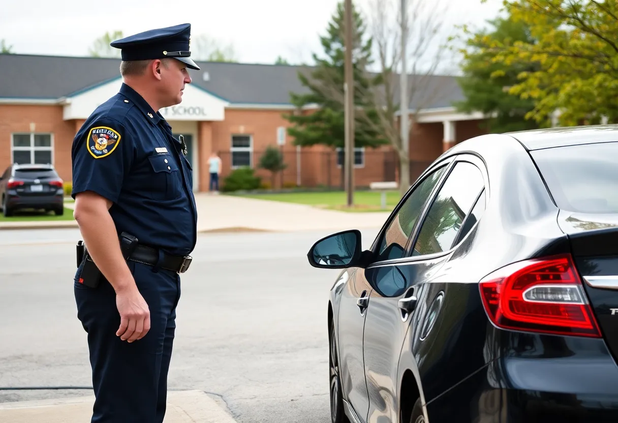 Police officer interacting with a car parked outside a school during a traffic incident.