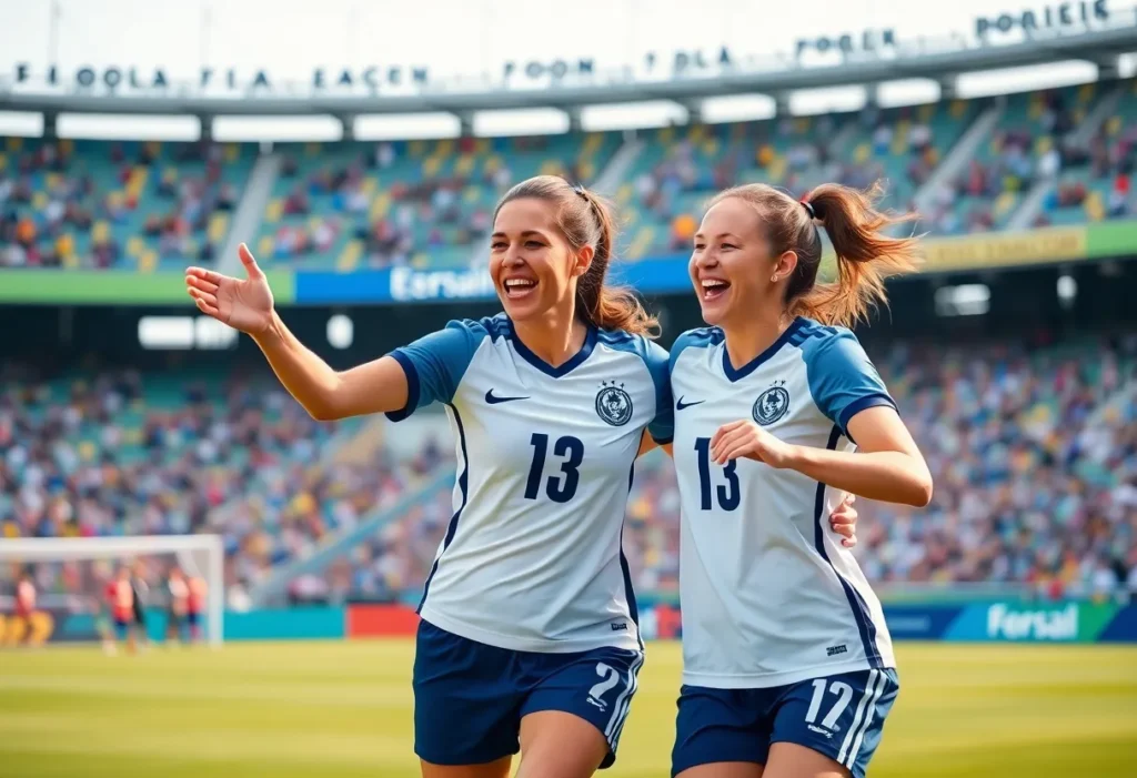 Soccer players celebrating a goal on the field