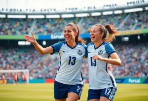 Soccer players celebrating a goal on the field