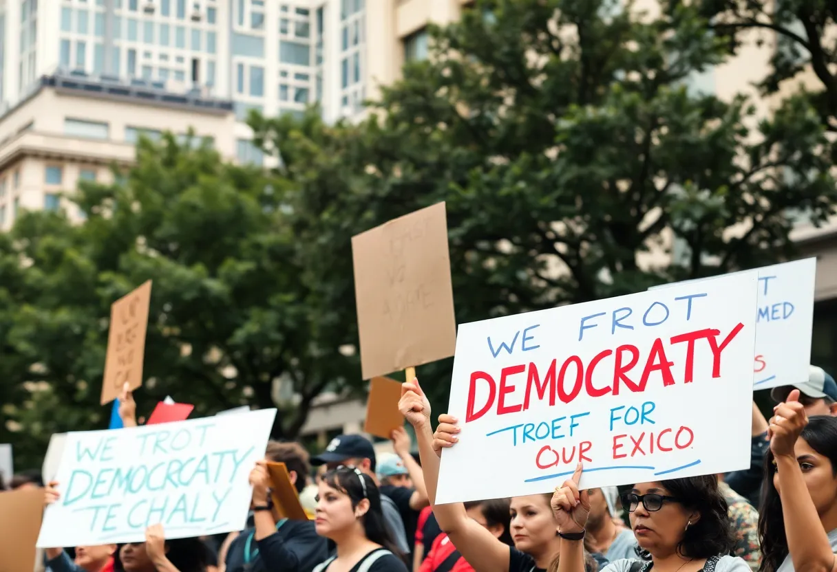 A peaceful protest featuring diverse individuals with signs advocating for democratic rights.