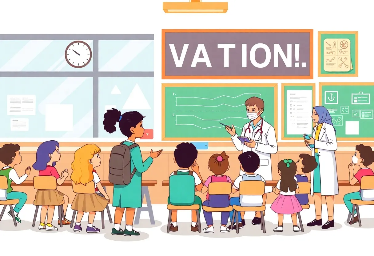 Illustration of children in a school discussing vaccination with healthcare professionals.