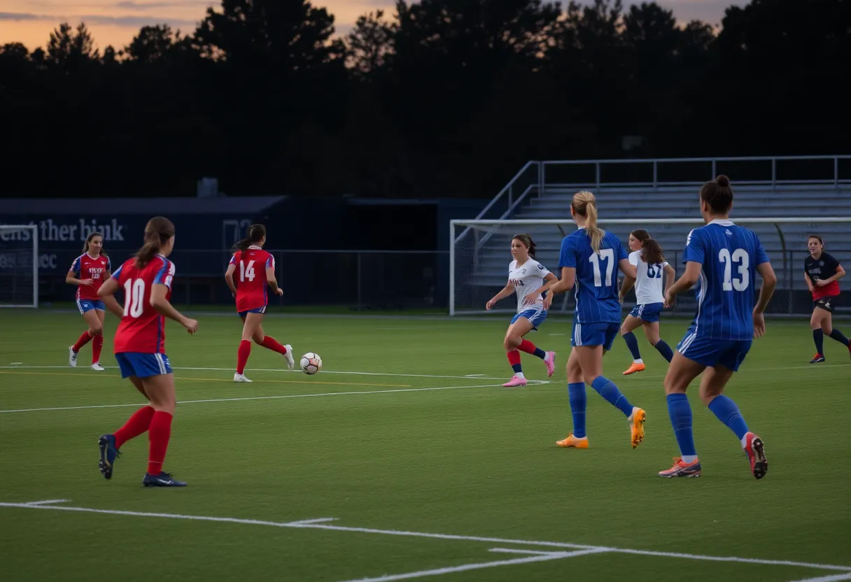 Action shot from a women's soccer game featuring players on the field.