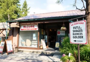 Closed REI retail store surrounded by nature
