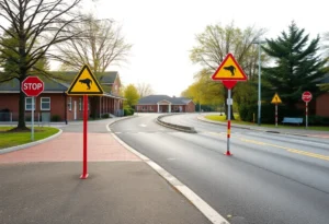Signage promoting road safety near a school area