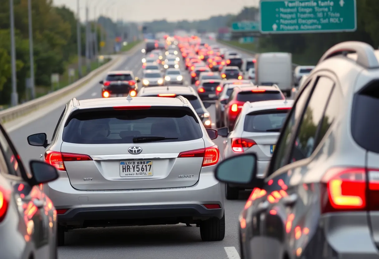 Illustration of a busy highway with emphasis on road safety.
