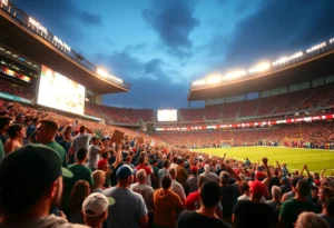Crowd at a football stadium with lively atmosphere