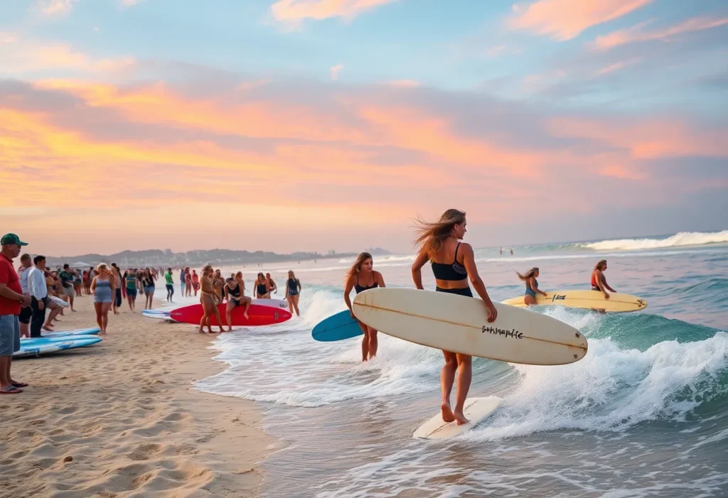 Female surfers competing at the Super Girl Surf Pro in Jacksonville