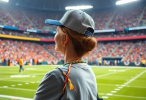 Mother supporting her son at a football game with a unique cap and bracelets