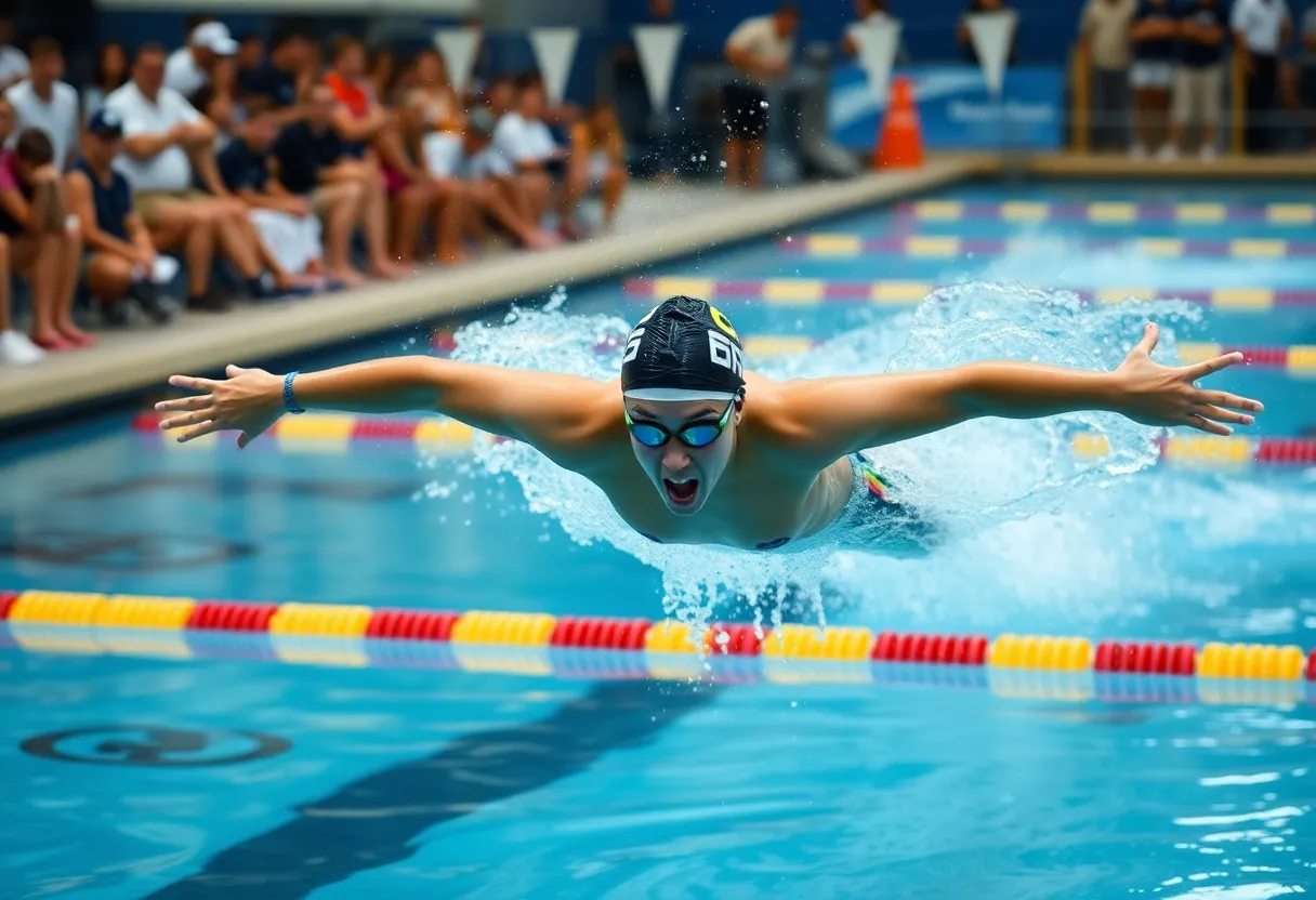 High school swimmer performing butterfly stroke